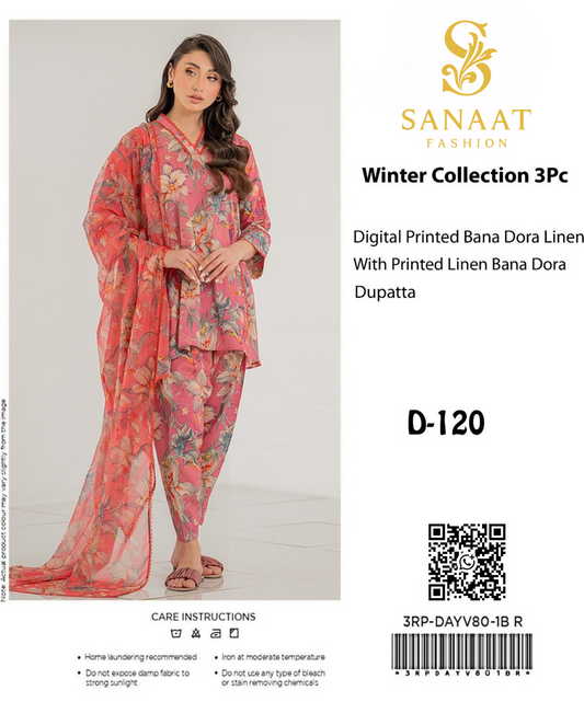 Unstitched Digital Printed Pink Floral Linen 3Pc – Winter Collection D-120
