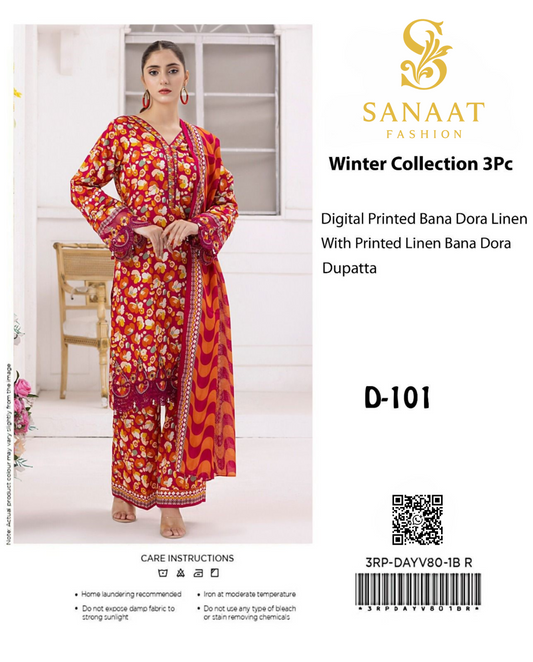 Digital Printed Bana Dora Linen Suit with Dupatta | Winter Collection 3Pc (D-101)