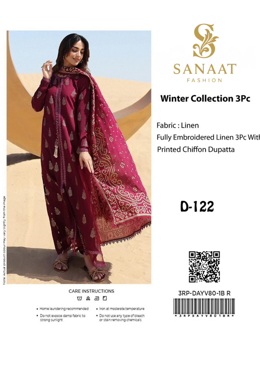 Sanaat Fashion – Winter Collection D-122 | Maroon Embroidered Linen 3Pc Suit with Printed Chiffon Dupatta