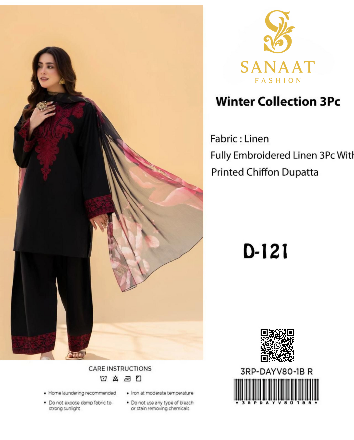 Black & Crimson Red Embroidered 3Pc Linen Suit with Printed Dupatta | D-127