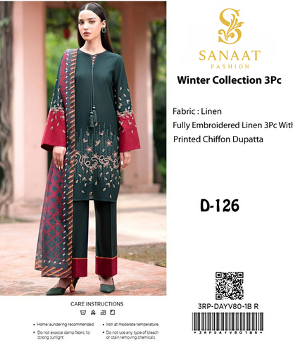 Deep Green Linen Embroidered 3Pc with Maroon Accents & Printed Dupatta | Sanaat Fashion – D-126