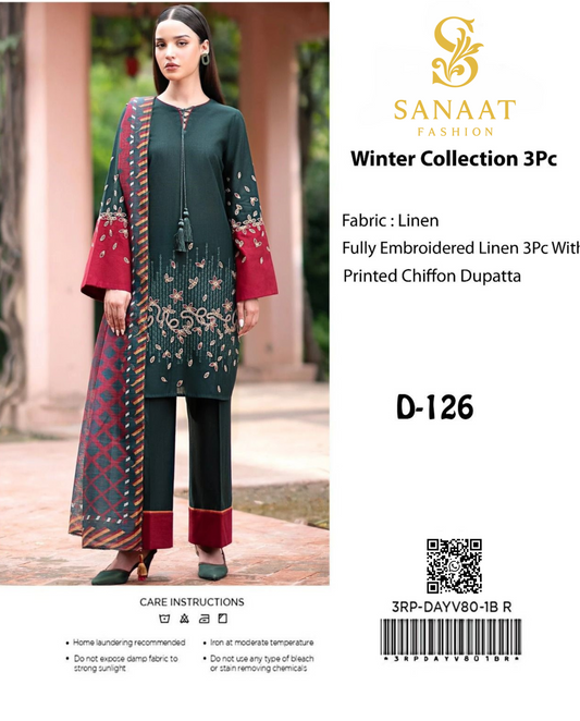 Deep Green Linen Embroidered 3Pc with Maroon Accents & Printed Dupatta | Sanaat Fashion – D-126