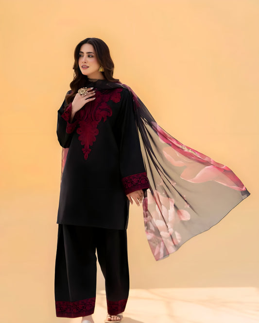 Black & Crimson Red Embroidered 3Pc Linen Suit with Printed Dupatta | D-127