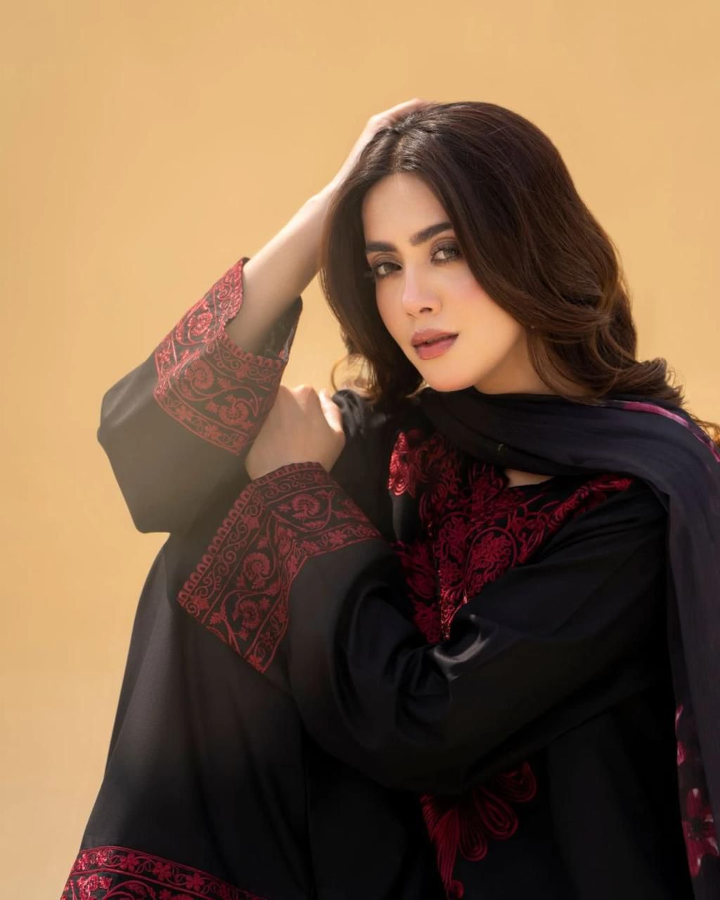 Black & Crimson Red Embroidered 3Pc Linen Suit with Printed Dupatta | Sanaat Fashion – D-127