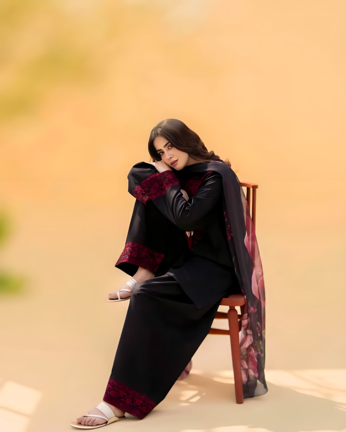 Black & Crimson Red Embroidered 3Pc Linen Suit with Printed Dupatta | D-127