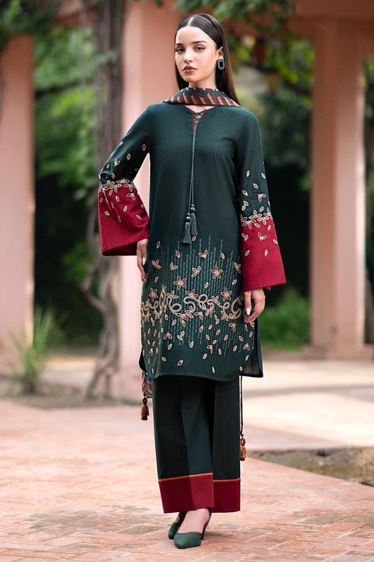 Deep Green Linen Embroidered 3Pc with Maroon Accents & Printed Dupatta |  D-126