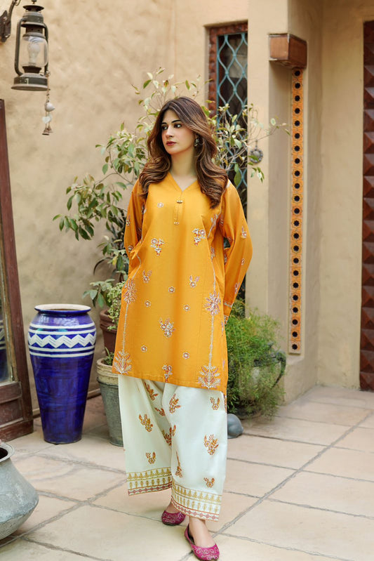 Mustard & Off-White Embroidered Linen 2Pc (Unstitched) – D-130
