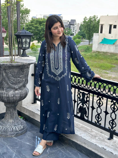 Unstitched Navy Blue Embroidered Linen Suit | Winter Collection 2Pc | Sanaat Fashion (D-133).