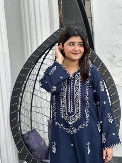 Unstitched Navy Blue Embroidered Linen Suit | Winter Collection 2Pc | Sanaat Fashion (D-133).