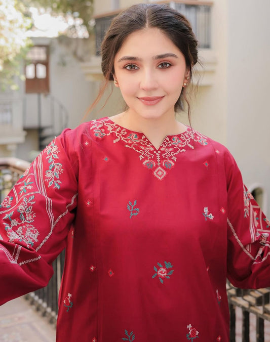 Deep Red Embroidered Linen 2Pc Sanaat Fashion – Winter Collection  (D-131)