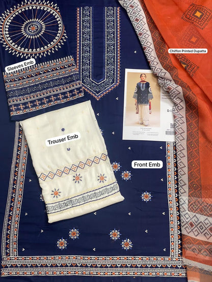 Sanaat Fashion – Winter Collection D-121 | 3Pc Embroidered Linen Suit with Chiffon Dupatta