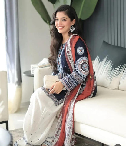 Sanaat Fashion – Winter Collection D-121 | 3Pc Embroidered Linen Suit with Chiffon Dupatta