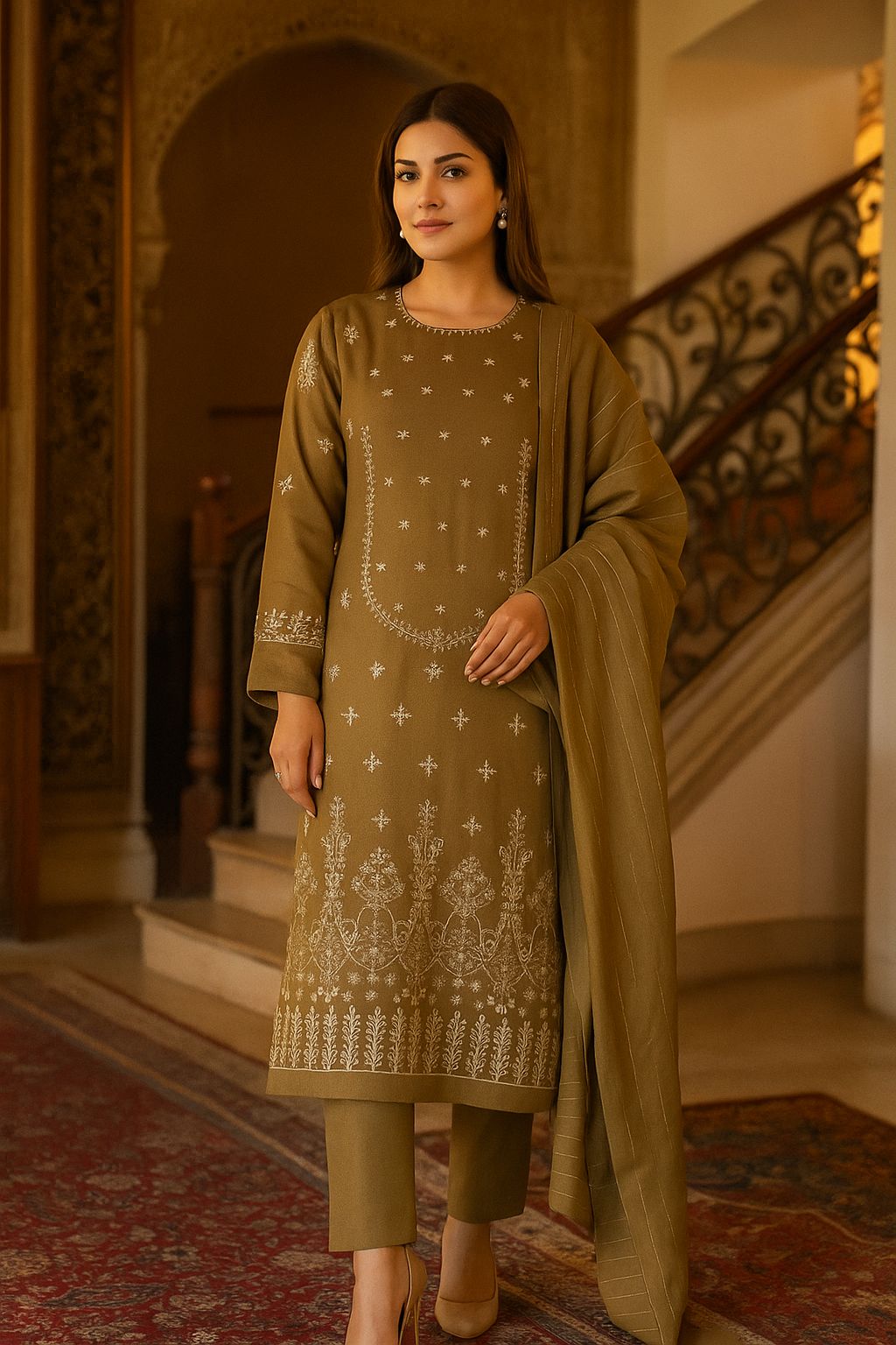Bin Saeed Luxury Karandi 3Pc Embroidered Suit – Design 01 Olive Brown