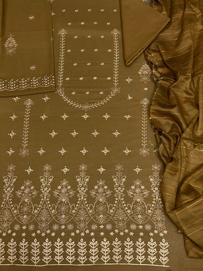 Bin Saeed Luxury Karandi 3Pc Embroidered Suit – Design 01 Olive Brown
