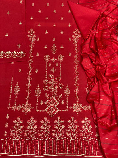 Bin Saeed Luxury Karandi 3Pc Embroidered Suit – Design 01 Red Royal Touch