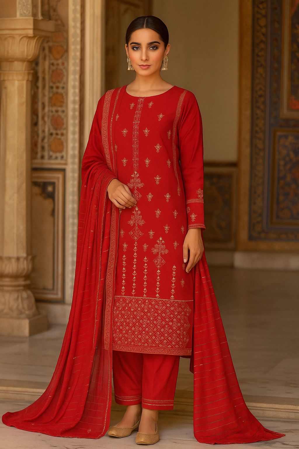 Bin Saeed Luxury Karandi 3Pc Embroidered Suit – Design 02 Red Royal Touch