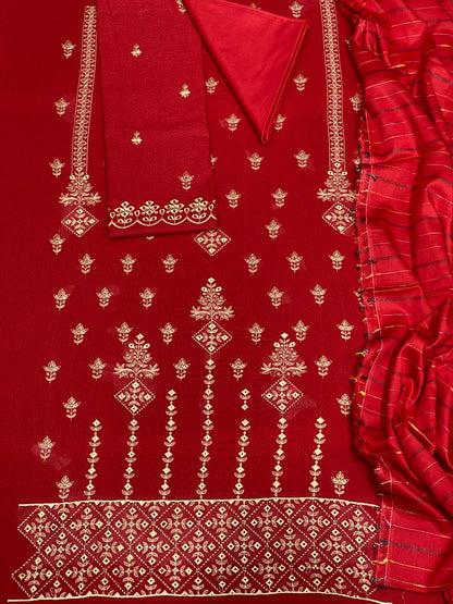 Bin Saeed Luxury Karandi 3Pc Embroidered Suit – Design 02 Red Royal Touch