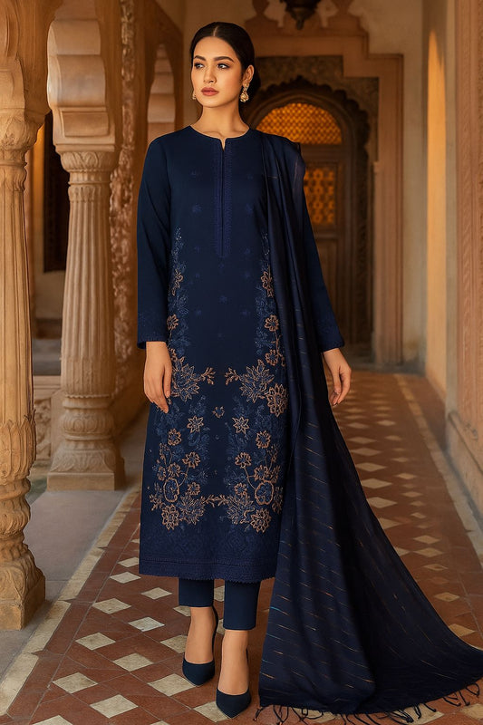Bin Saeed Luxury Karandi 3Pc Embroidered Suit – Design 01 Navy Blue With Gold Embroidery.