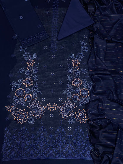 Bin Saeed Luxury Karandi 3Pc Embroidered Suit – Design 01 Navy Blue With Gold Embroidery.