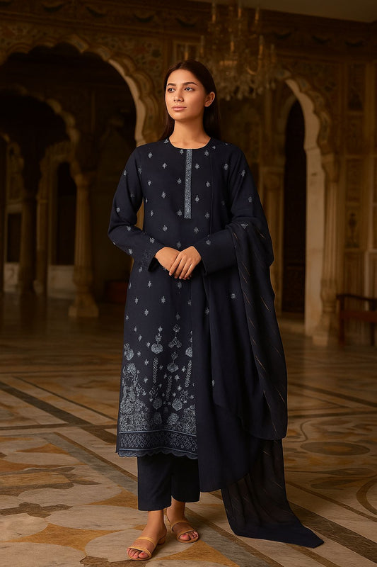 Bin Saeed Luxury Karandi 3Pc Embroidered Suit – Design 02 Navy Blue With Gold Embroidery.