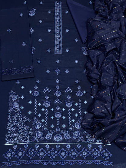 Bin Saeed Luxury Karandi 3Pc Embroidered Suit – Design 02 Navy Blue With Gold Embroidery.
