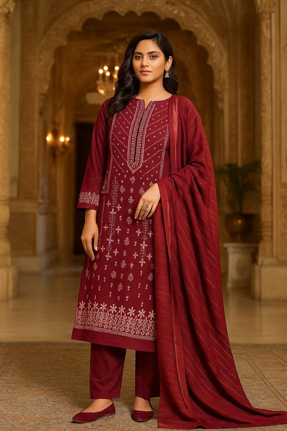 Bin Saeed Luxury Karandi 3Pc Embroidered Suit – Design 01 Wine Red