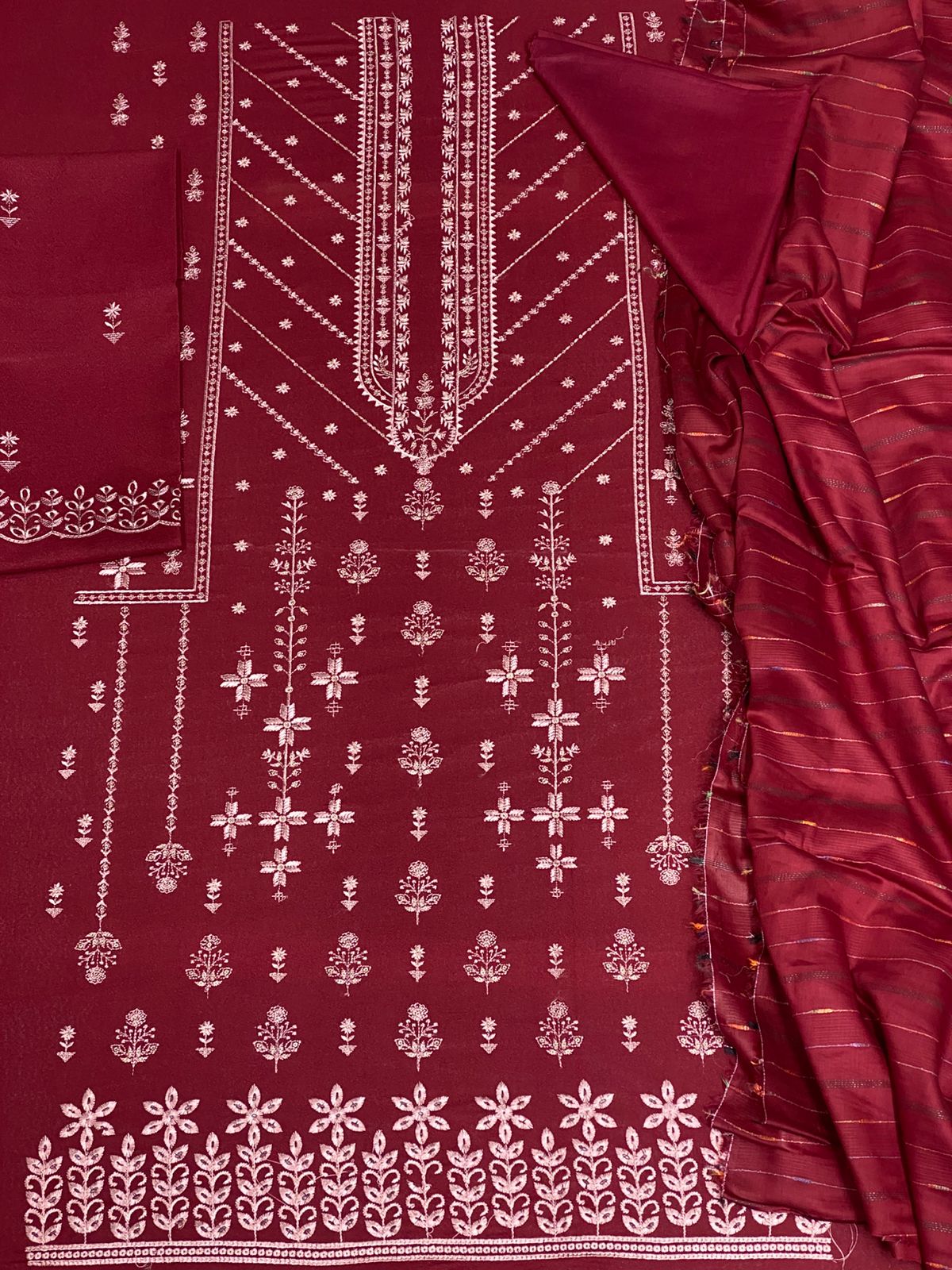 Bin Saeed Luxury Karandi 3Pc Embroidered Suit – Design 01 Wine Red