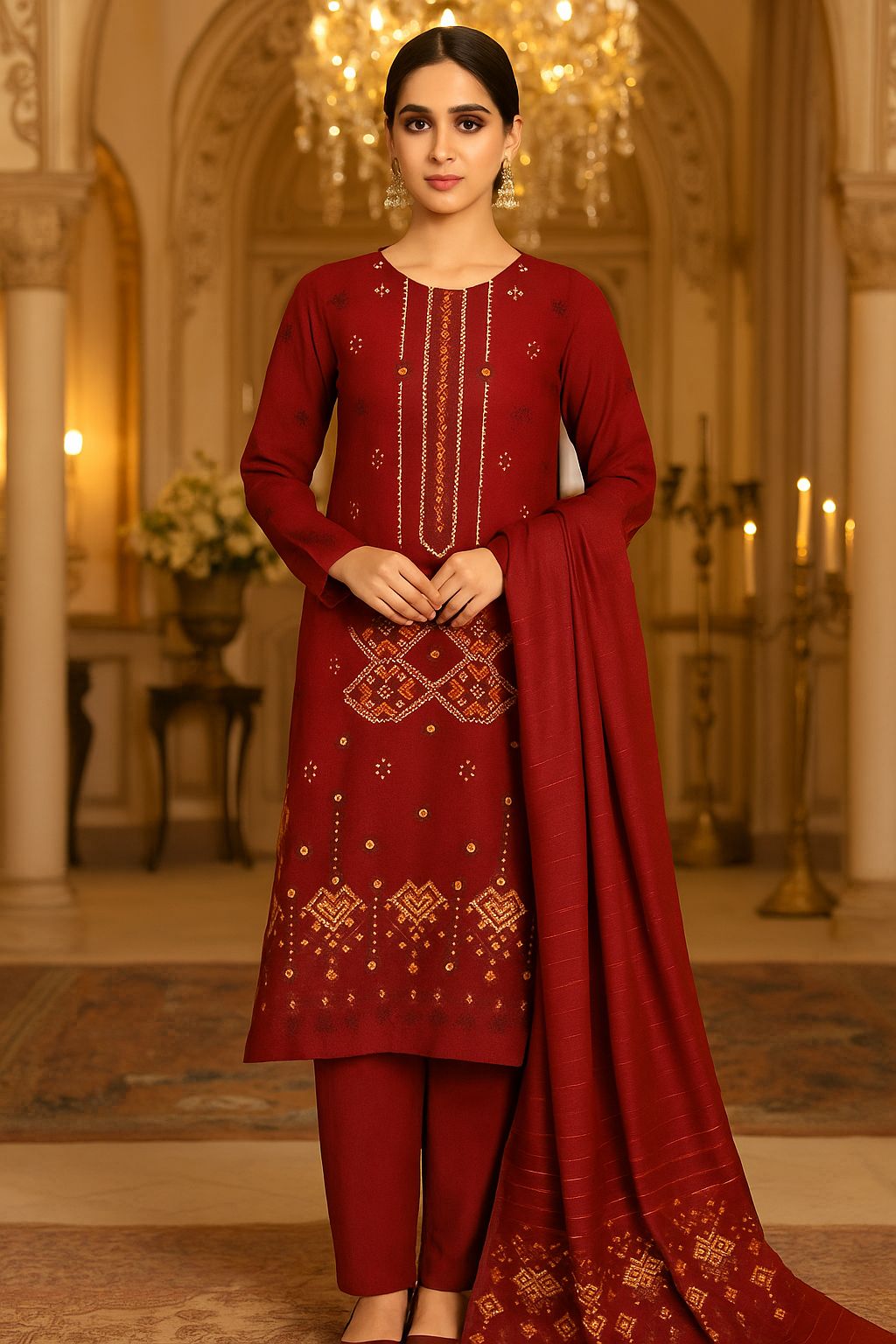 Bin Saeed Luxury Karandi 3Pc Embroidered Suit – Design 02 Wine Red