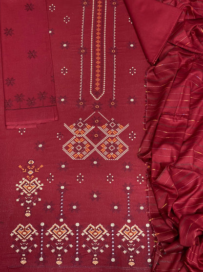 Bin Saeed Luxury Karandi 3Pc Embroidered Suit – Design 02 Wine Red