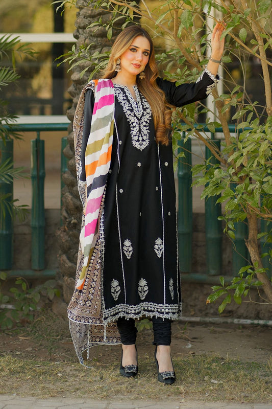 Black Linen Embroidered 3-Piece Suit - Sanaat Fashion
