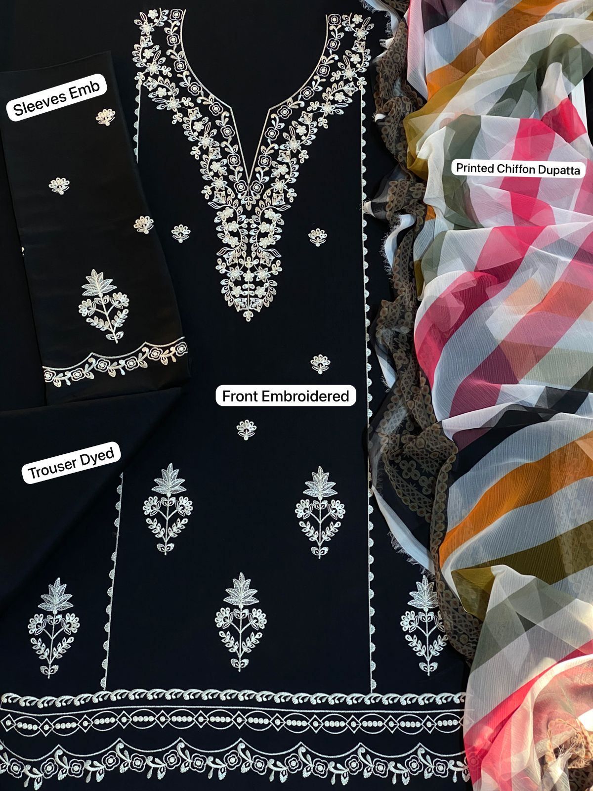 Black Linen Embroidered 3-Piece Suit - Sanaat Fashion