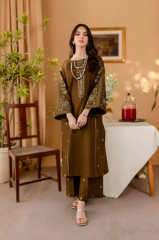 Olive Green Embroidered 2-Piece Linen Suit | D-138