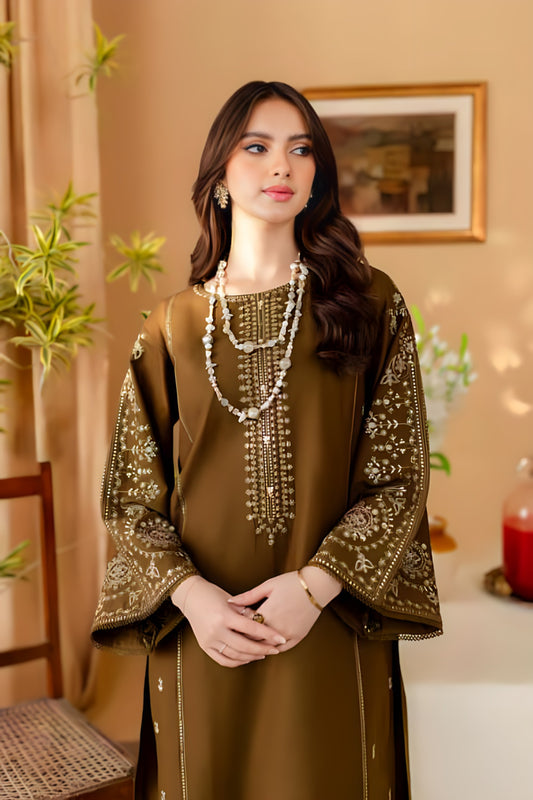 Olive Green Embroidered 2-Piece Linen Suit | D-138