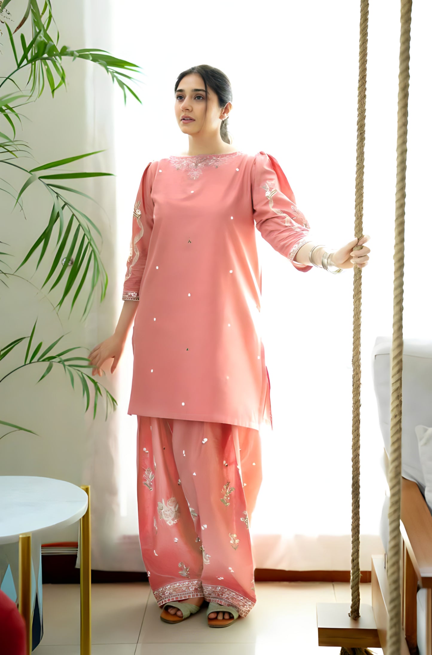 Peach Pink Embroidered 2-Piece Linen Suit | D-139