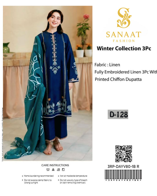 Navy Blue Elegance with Teal Dupatta | Sanaat Fashion Winter Collection 3Pc Unstitched – (D-128)