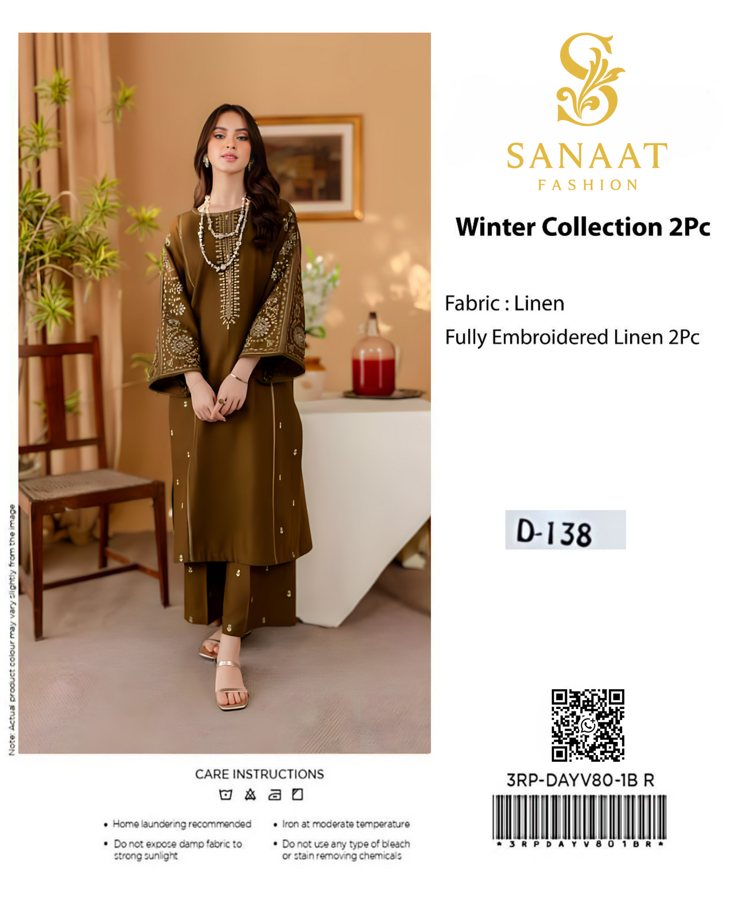 Olive Green Embroidered 2-Piece Linen Suit | D-138