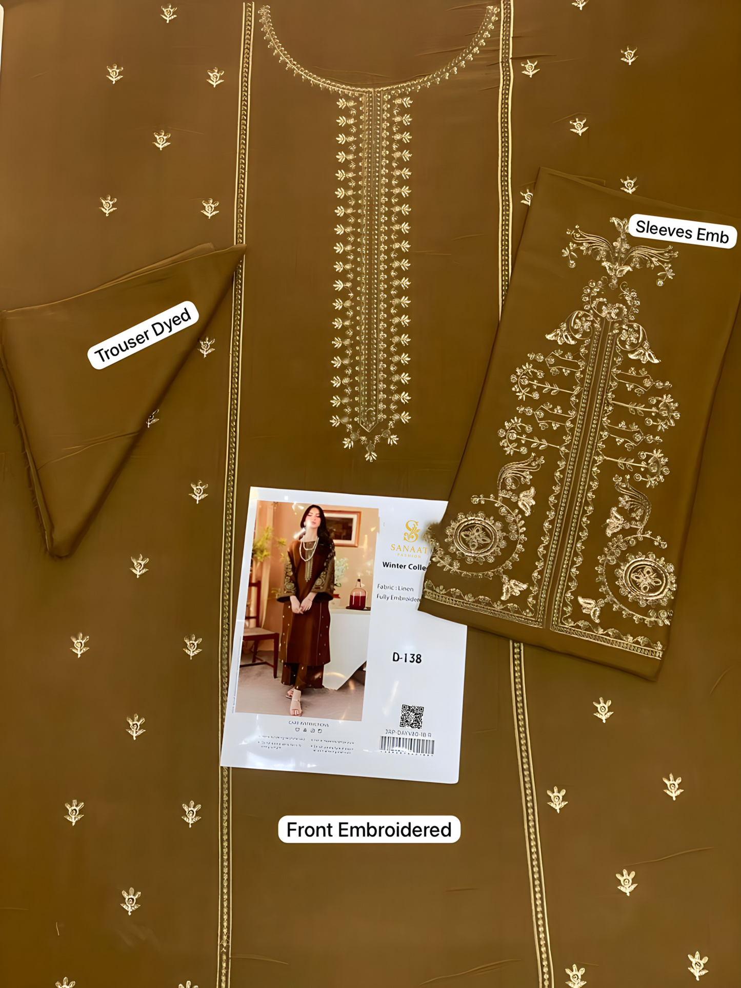 Olive Green Embroidered 2-Piece Linen Suit | D-138