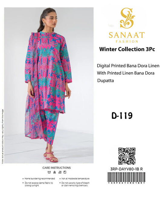 Sanaat Winter Collection 3Pc – Magenta Pink Digital Printed Bana Dora Linen Unstitched Suit with Printed Dupatta (D-119)