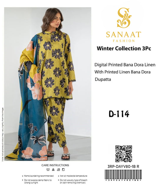 Sanaat Fashion Winter Collection 3Pc – Mustard Floral Print Linen with Contrasting Blue Dupatta (Unstitched) D-114