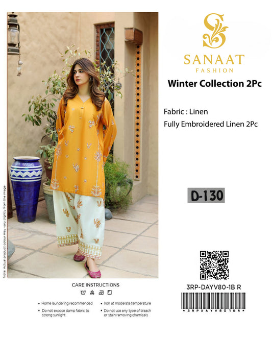 Sanaat Fashion Winter Collection 2Pc (Unstitched) – Mustard & Off-White Embroidered Linen ✨