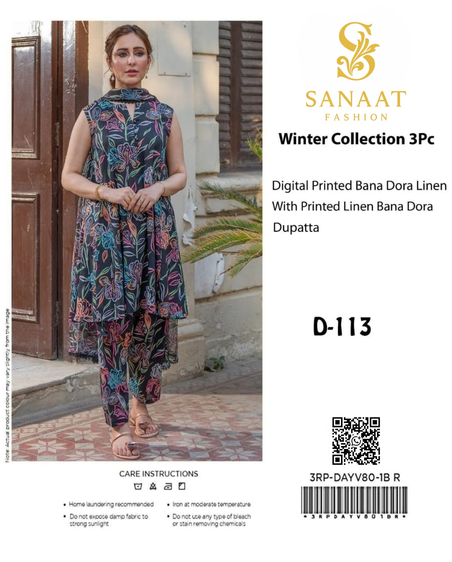 Sanaat Fashion – Winter Collection 3Pc | Unstitched Digital Printed Bana Dora Linen with Dupatta (D-113)