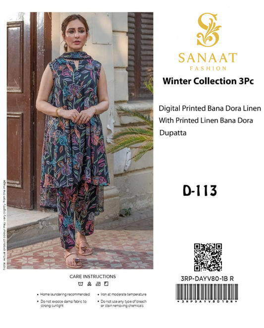 Sanaat Fashion – Winter Collection 3Pc | Unstitched Digital Printed Bana Dora Linen with Dupatta (D-113)